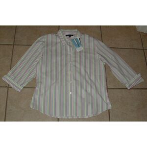 LANDS' END Colorful Striped Sz Medium Button Up Cotton Blend COOL MAX Shirt NEW